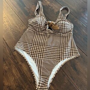 Cupshe Brown Cream Houndstooth One-Piece Swimsuit Size 1X